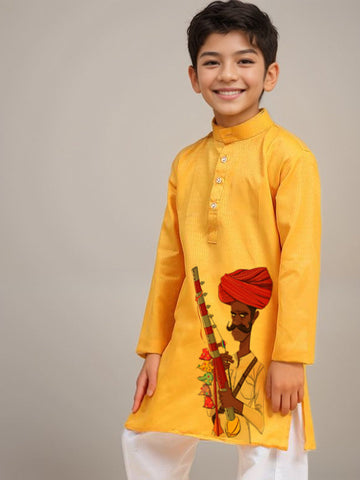 Boys' Yellow Cotton Kurta Set – Printed