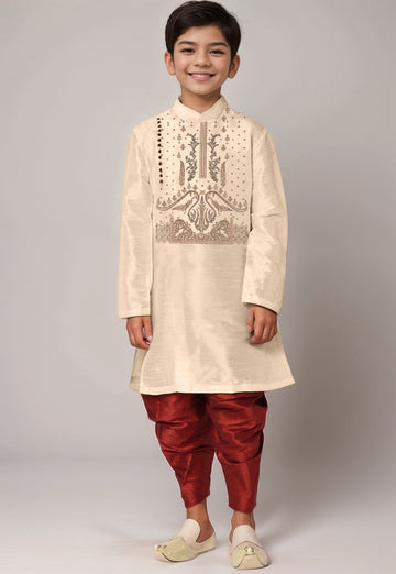 Boys' Beige Dupion Silk Kurta & Dhoti Set – Floral Print