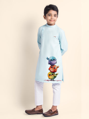 Boys' Sky Blue Cotton Kurta & Pyjama Set – Printed