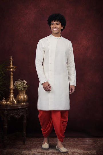 Men's White Cotton Kurta with Dhoti Set –Solid & Side Placket