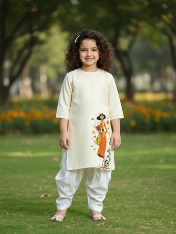 Girls' Beige Cotton Kurti Set – Ethnic Print