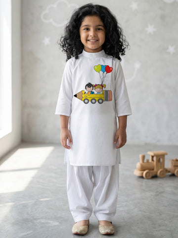 Girls' White Cotton Kurti Set – Ethnic Print