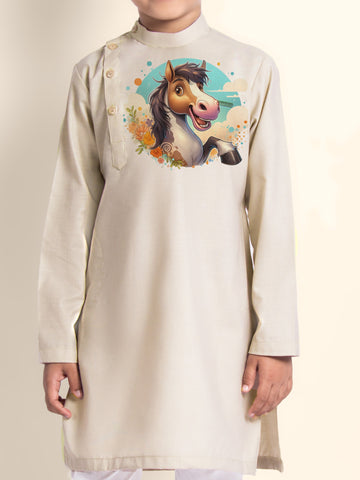 Boys' Beige Cotton Kurta & Pyjama Set – Printed