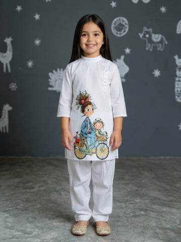 Girls' White Cotton Kurti Set – Ethnic Print