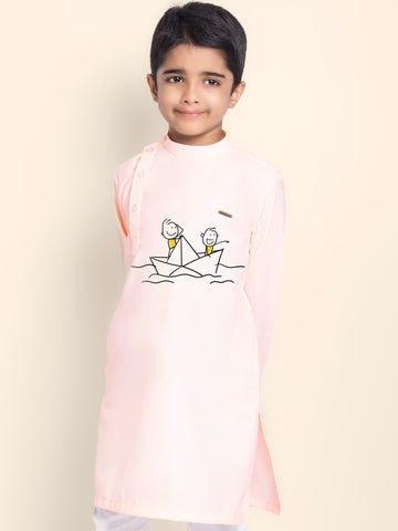Boys' Pink Cotton Kurta & Pyjama Set – Printed