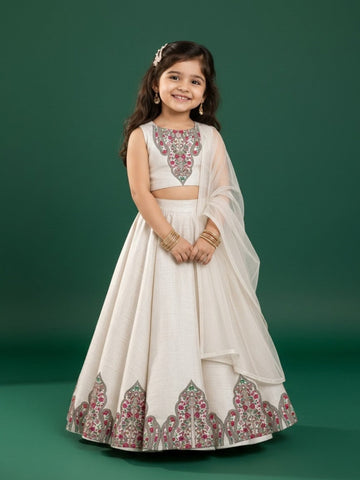Girls' Off-White Art Silk Lehenga Set – Printed