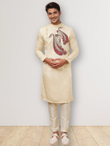 Men's Beige Cotton Kurta Set – Ethnic Print & Side Placket