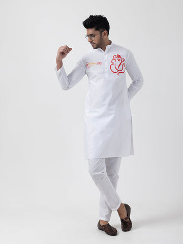 Men's White Cotton Kurta Set – Lord Ganesha Print