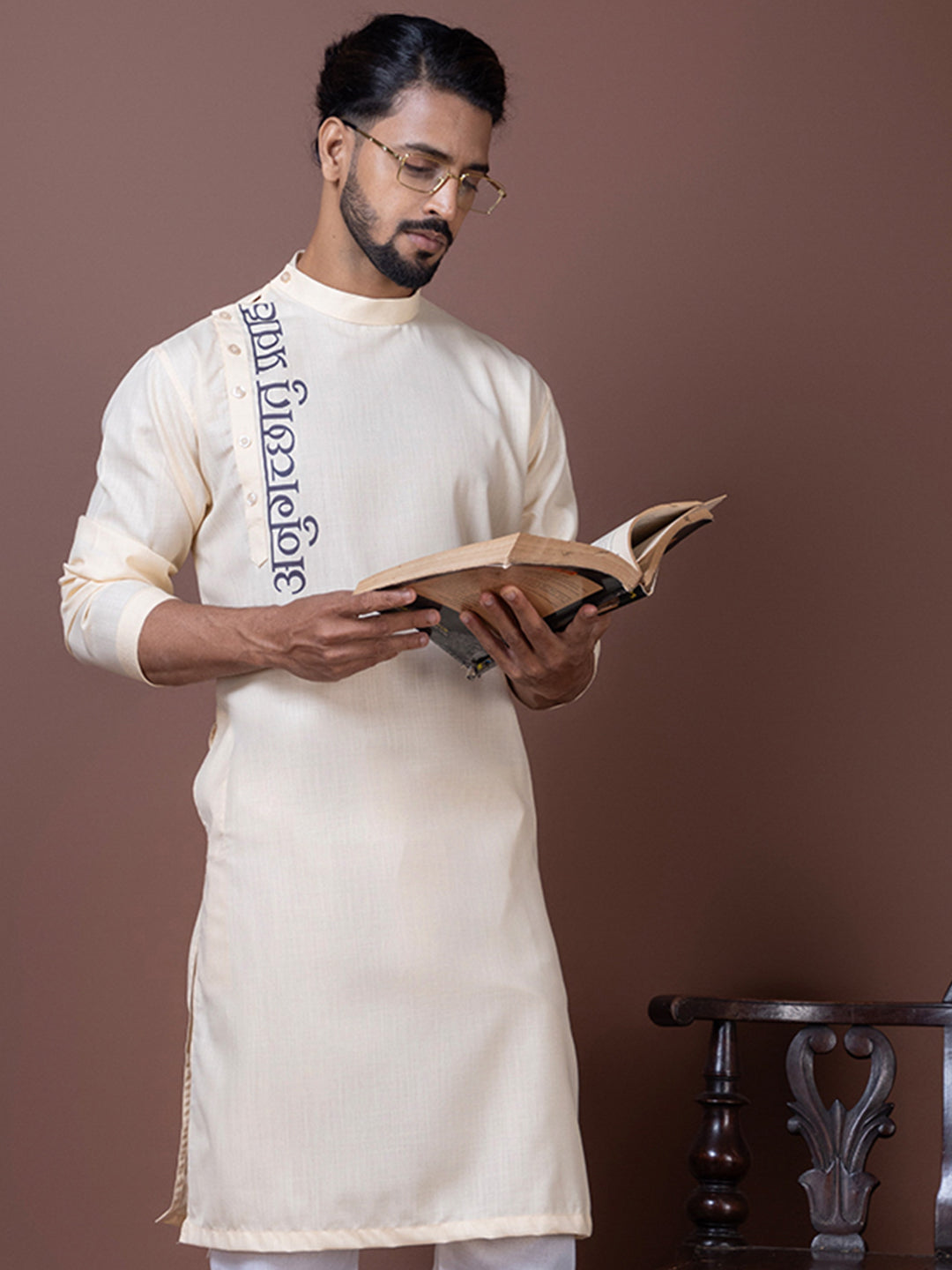 Men's Beige Cotton Kurta Set – Ethnic Print & Side Placket