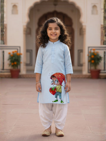 Girls' Sky Blue Cotton Kurti Set – Ethnic Print