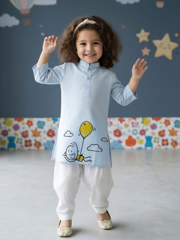 Girls' Sky Blue Cotton Kurti Set – Ethnic Print