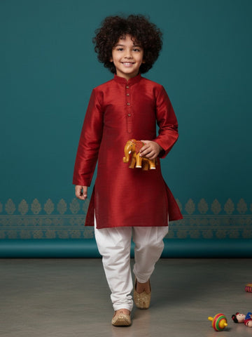 Boys' Red Art Silk Kurta Set – Solid