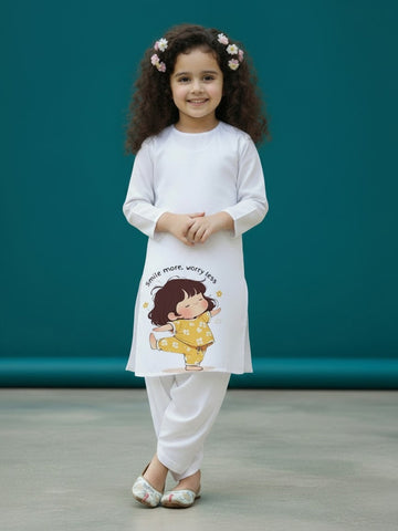 Girls' White Cotton Kurti Set – Ethnic Print