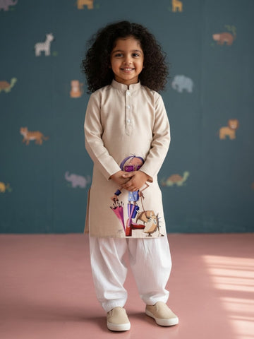 Girls' Beige Cotton Kurti Set – Ethnic Print