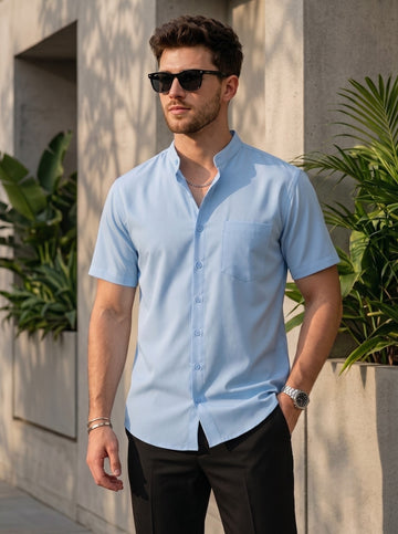 Men's Blue Cotton Shirt – Mandarin Collar