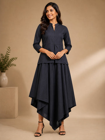 Women's Black Cotton Linen Dress – V-Neck