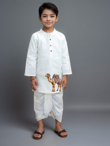 Boys' White Cotton Kurta & Pyjama Set – Asymmetric