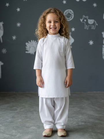 Girls' White Cotton Kurti Set – Solid & Side Placket
