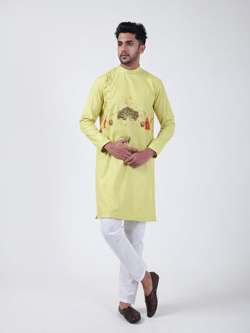 Men's Lime Green Cotton Kurta Set – Ethnic Print & Side Placket