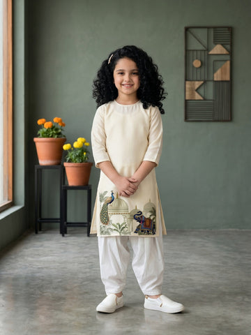 Girls' Beige Cotton Kurti Set – Ethnic Print