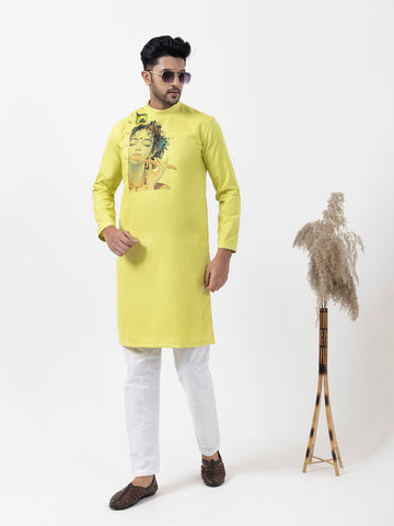 Men's Green Cotton Kurta Set – Lord Krishna Print & Side Placket