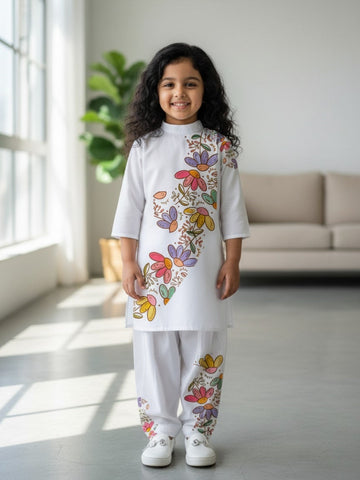Girls' White Cotton Kurti Set – Ethnic Print