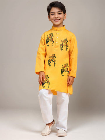 Boys' Yellow Cotton Kurta Set – Printed