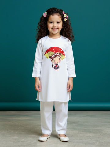 Girls' White Cotton Kurti Set – Ethnic Print