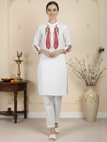 Women's White Cotton Kurti Set – Ethnic Print