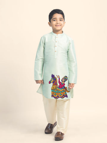 Boys' Green Dupion Silk Kurta Set – Printed