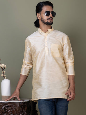 Men's Beige Art Silk Short Kurta – Solid