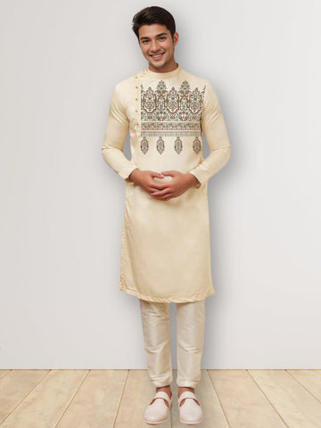 Men's Beige Cotton Kurta Set – Ethnic Print & Side Placket