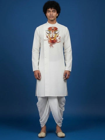 Men's White Cotton Kurta with Dhoti Set – Ethnic Print & Side Placket