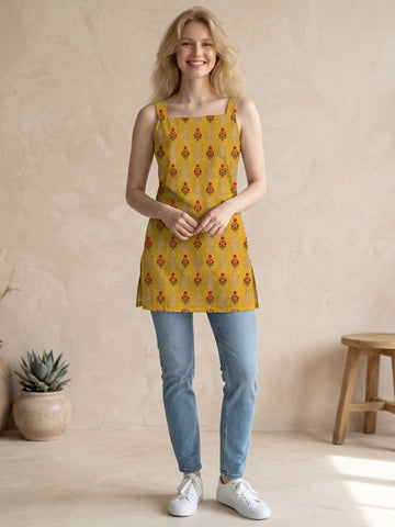 Women's Yellow Cotton Sleeveless Top – Floral Print