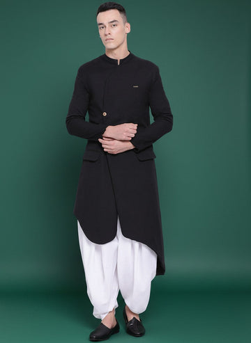 Men's Black Cotton Linen Kurta Set – Solid & Side Placket