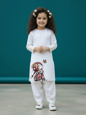 Girls' White Cotton Kurti Set – Ethnic Print