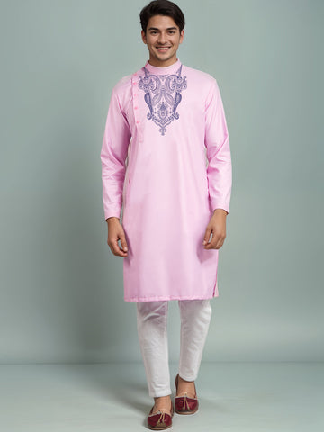 Men's Pink Cotton Kurta Set – Ethnic Print & Side Placket