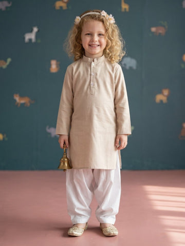 Girls' Beige Cotton Kurti Set – Solid