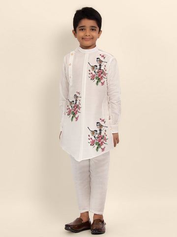Boys' White Dupion Kurta Set – Printed