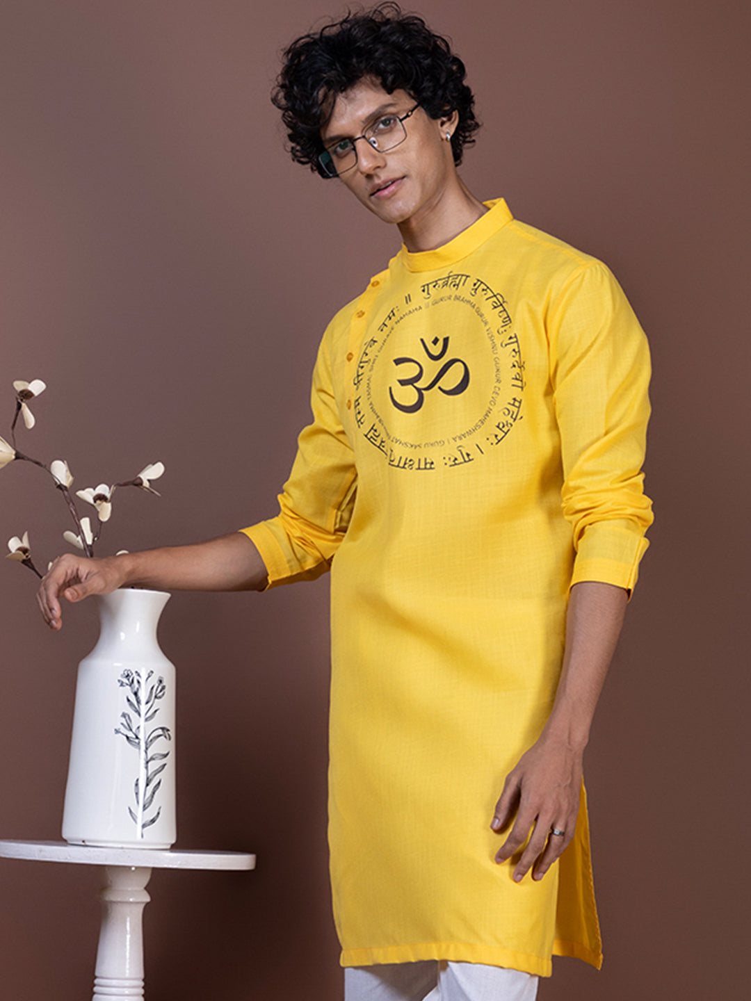 Men's Mustard Cotton Kurta Set – Ethnic Print & Side Placket
