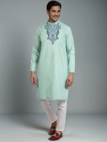Men's Green Cotton Kurta Set – Ethnic Print & Side Placket