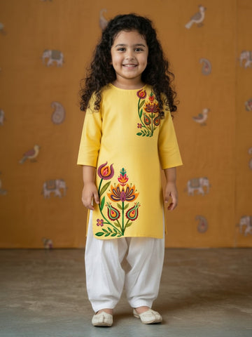 Girls' Yellow Cotton Kurti Set – Ethnic Print