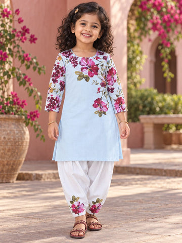 Girls' Sky Blue Cotton Kurti Set – Ethnic Print