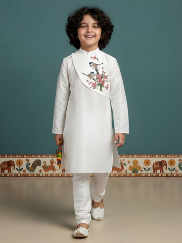 Boys' White Art Silk Kurta Set – Ethnic Print