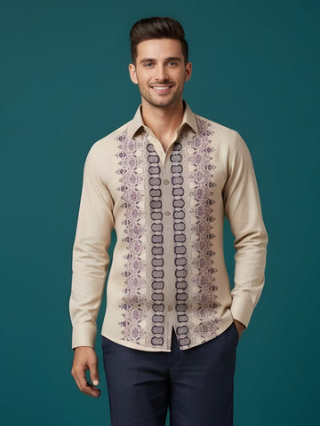Men's Beige Cotton Shirt – Ethnic Print