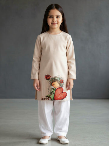 Girls' Beige Cotton Kurti Set – Ethnic Print