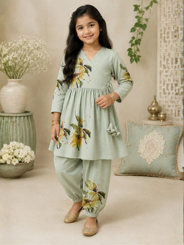 Girls' Sea Green Cotton Kurti Set – Printed