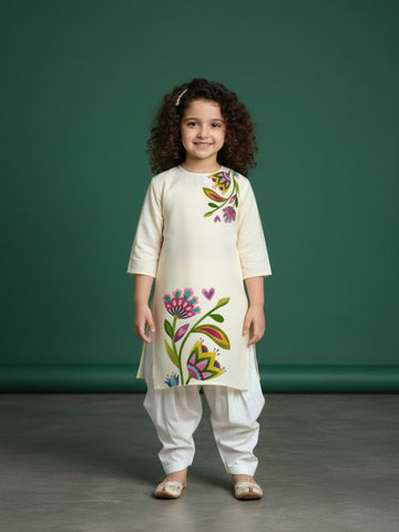 Girls' Beige Cotton Kurti Set – Ethnic Print