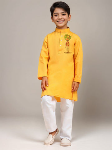 Boys' Yellow Cotton Kurta Set – Printed