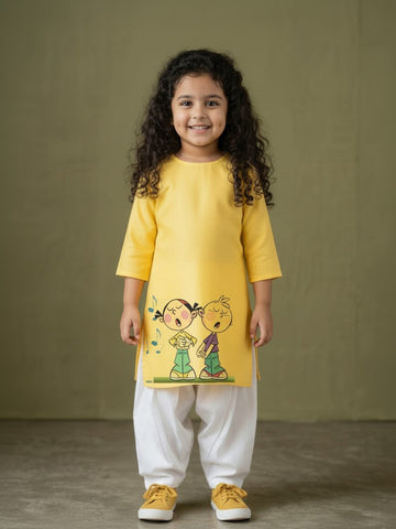 Girls' Yellow Cotton Kurti Set – Ethnic Print